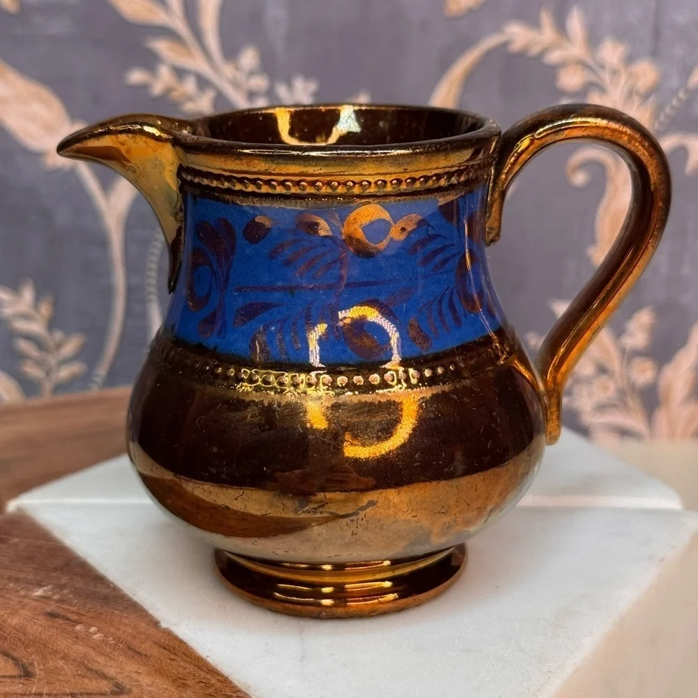 Antique 19th Century English Copper Luster Blue Floral Band Creamer Lot B